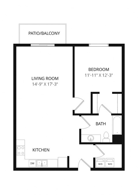 Floor plan for 1 bed, 1 bath, 880 sqft